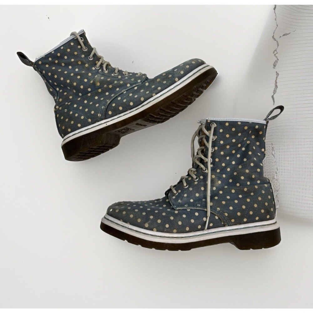 Doc Martens Womens Size 9 Boots Blue White Polka Dot Denim Lace Up
